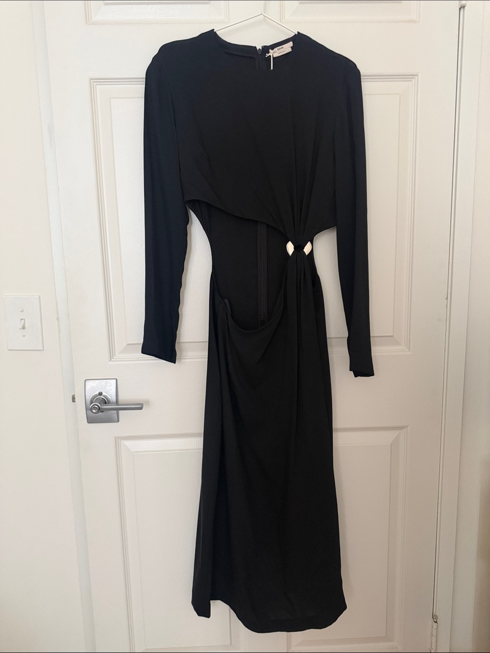 Edun Black Long-Sleeve Cutout Longsleeve Midi Dress w/ Silver Hardware